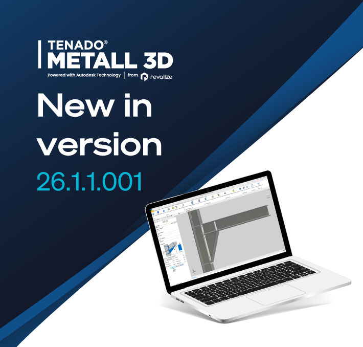 TENADO METALL 3D Version 26.1.1.001 Anzeige mit einem Laptop, der eine 3D-Modellierungssoftware anzeigt.