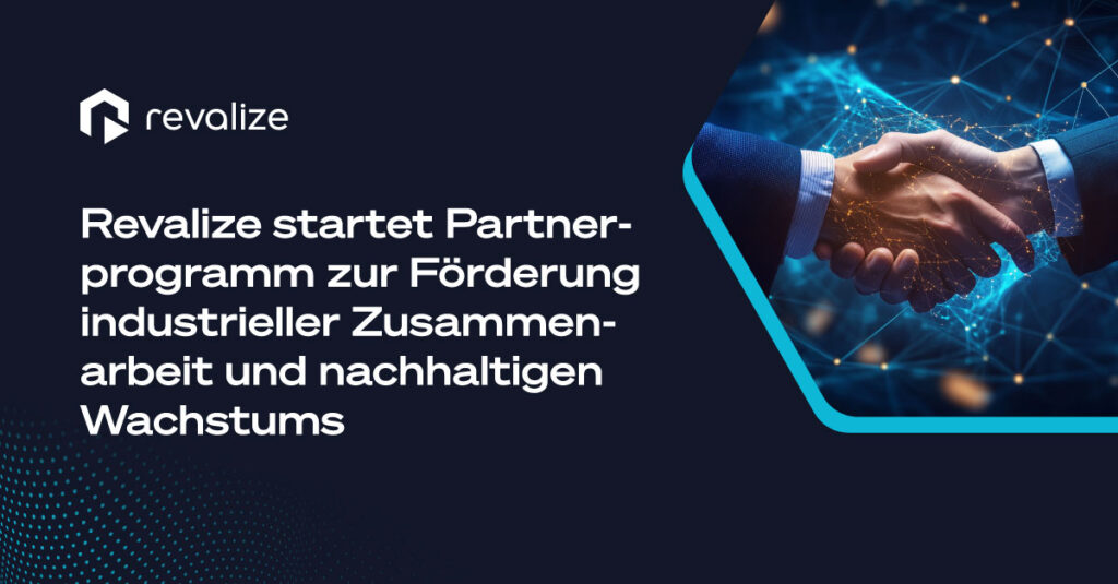 A business partnership handshake appears beside text announcing, “Revalize Unveils Partner Program” to foster industrial collaboration and sustainable growth.