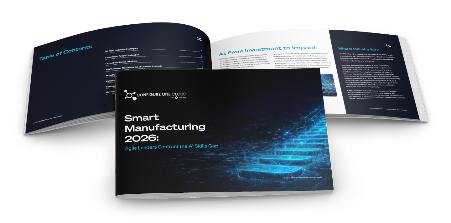 A booklet titled Smart Manufacturing 2026: Agile Leaders Confront the AI Skills Gap is displayed, with its cover and inner pages showing text and graphics.