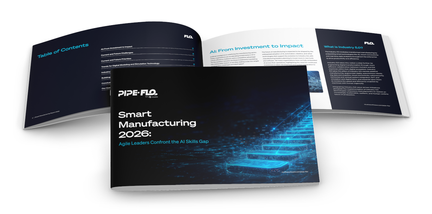 An open and closed booklet titled Smart Manufacturing 2026: Agile Leaders Confront the AI Skills Gap by Pipe Flo, featuring a digital blue staircase graphic on the cover.