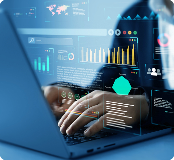 Person typing on a laptop with digital graphs, charts, and data analytics dashboards overlaid on the screen, suggesting data analysis or business reporting.