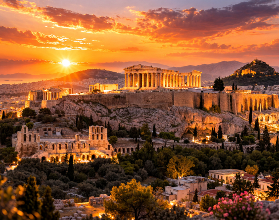 Die Akropolis von Athen bei Sonnenuntergang, mit dem Parthenon im Vordergrund und dem darunter liegenden Stadtbild unter einem orangefarbenen Himmel.