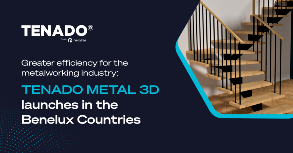 Promotional graphic for TENADO METAL 3D software launch in the Benelux countries, featuring a wooden staircase with black railings.