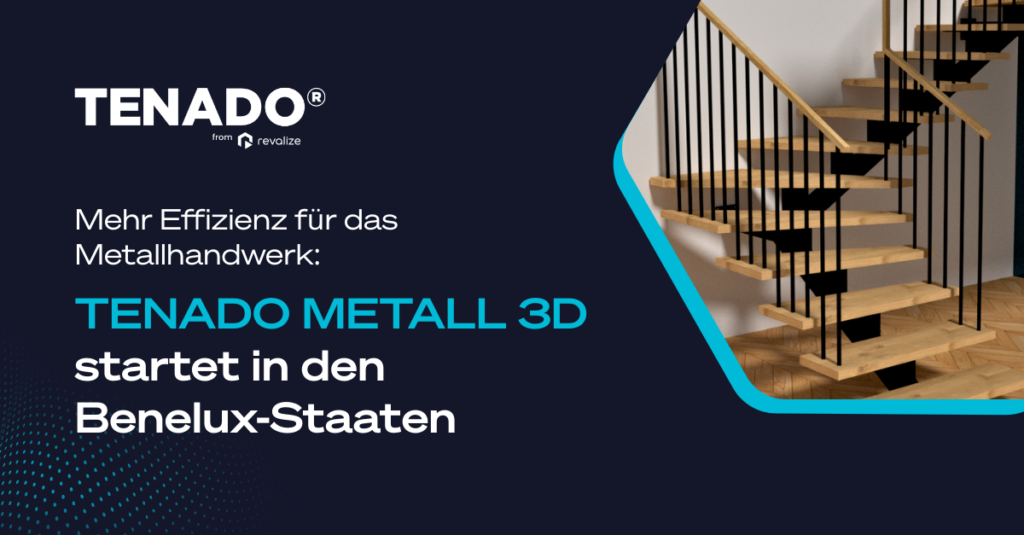Werbegrafik für die Software TENADO METALL 3D, mit Text und dem Foto einer modernen Holztreppe mit schwarzem Geländer.
