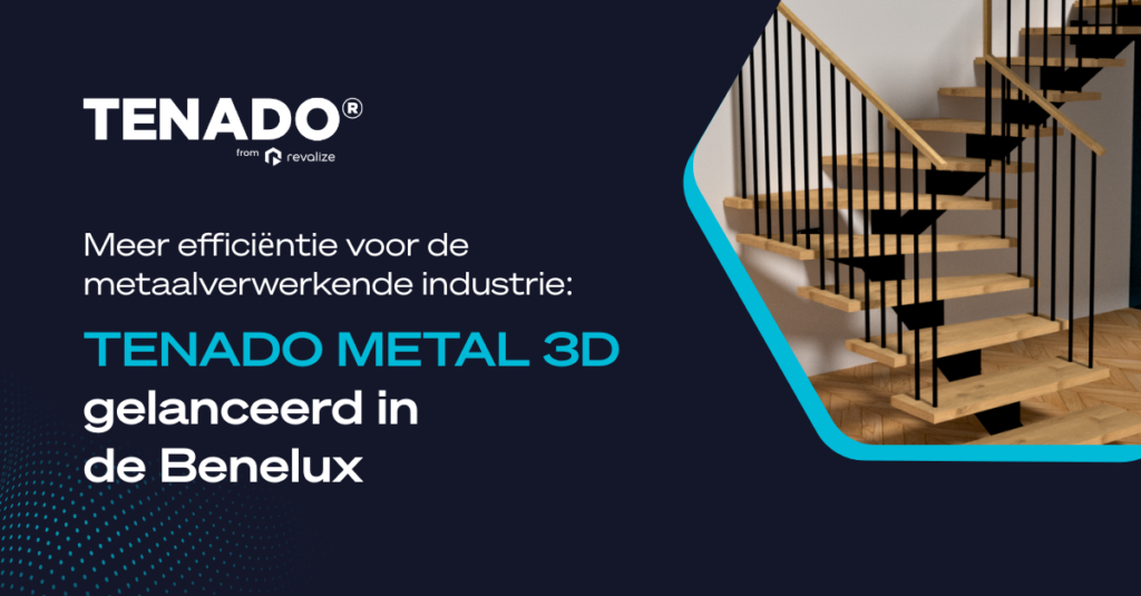 Promotiegrafiek voor de lancering van TENADO METAL 3D in de Benelux, met producttekst in het Nederlands en een afbeelding van een moderne houten trap met zwarte leuningen.