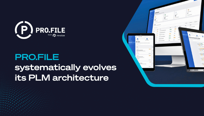A promotional graphic for PRO.FILE by Revalize, showing its PLM software interface on a computer, tablet, and smartphone with the text: PRO.FILE systematically evolves its PLM architecture.