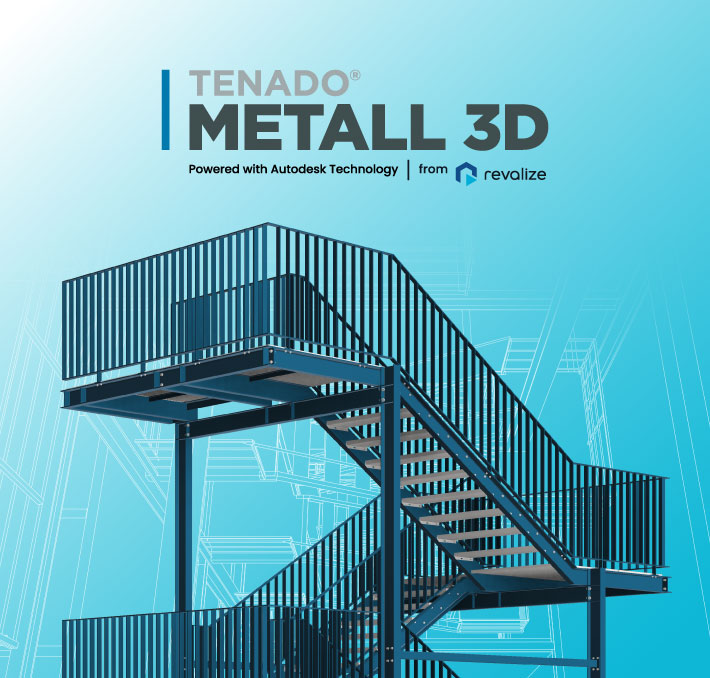 Treppe mit Metallgeländer vor einem blauen Hintergrund mit architektonischen Linienzeichnungen, die für die TENADO METALL 3D-Software werben.