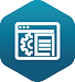 White icon of a web browser window with a gear and document on a blue hexagonal background, representing web settings or configuration for pump selection software.