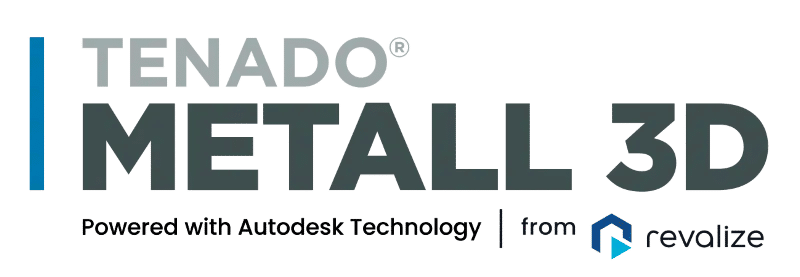 TENADO METALL 3D logo, text says Powered with Autodesk Technology from Revalize, with Revalize logo on the right.