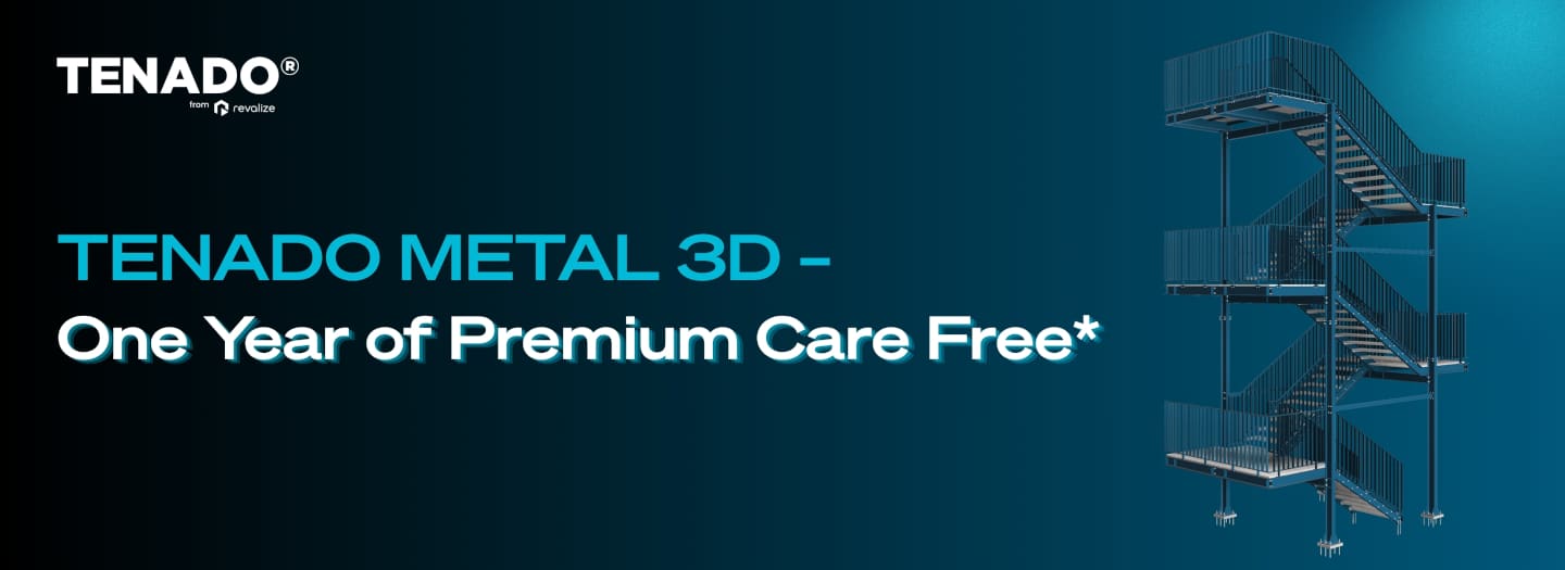 Profiteer van onze METAL 3D-aanbieding: Krijg een jaar lang eersteklas verzorging met TENADO METAL 3D. Met een opvallende afbeelding van een moderne metalen trap op een blauwe achtergrond met kleurverloop.