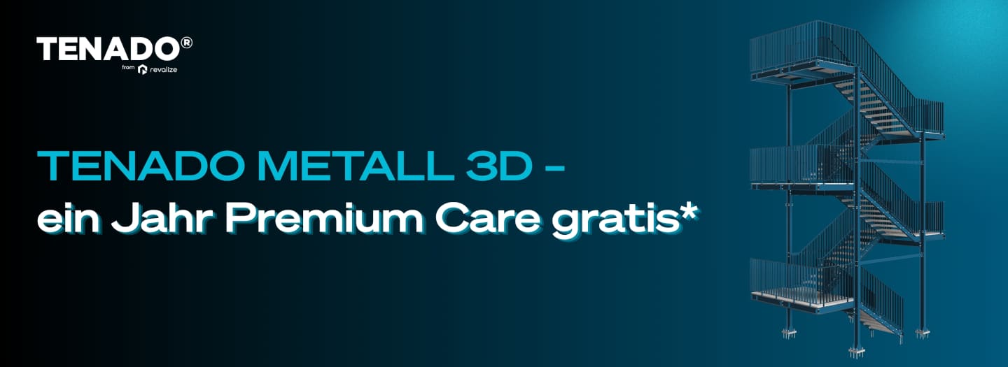 Entdecken Sie unser exklusives METAL 3D Angebot: Erhalten Sie ein Jahr lang kostenlose Premium-Pflege mit TENADO METALL 3D. Das Bild zeigt eine atemberaubende 3D gerenderte Metalltreppe auf einem eleganten blauen Hintergrund mit Farbverlauf.