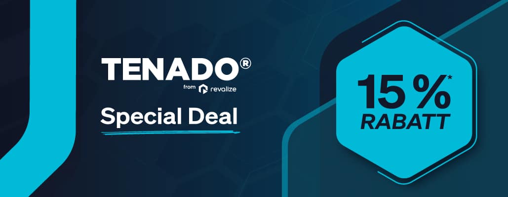 Graphic featuring TENADO Special Deal and a blue hexagon with "15% Rabatt," highlighting a 15% discount as part of tenado pricing campaigns.