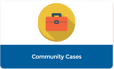 A graphic of an orange briefcase inside a yellow circle above the text Community Cases on a blue background.