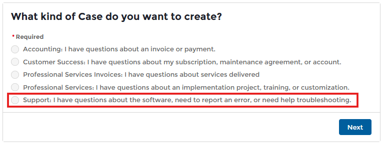 A web form asking what kind of case to create, with the Support option selected and highlighted by a red box.