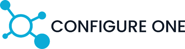 Configure One logo with a blue molecular diagram on the left and the words Configure One in black text on the right, set against a light gray background, representing the software Revalize brand.