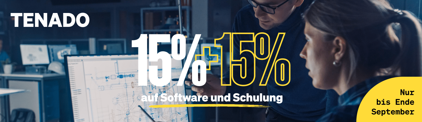 Two people look at a computer screen with technical drawings. Text reads: 15% + 15% auf Software und Schulung. Nur bis Ende September – profitieren Sie von den aktuellen TENADO pricing campaigns. The logo TENADO appears in the top left.