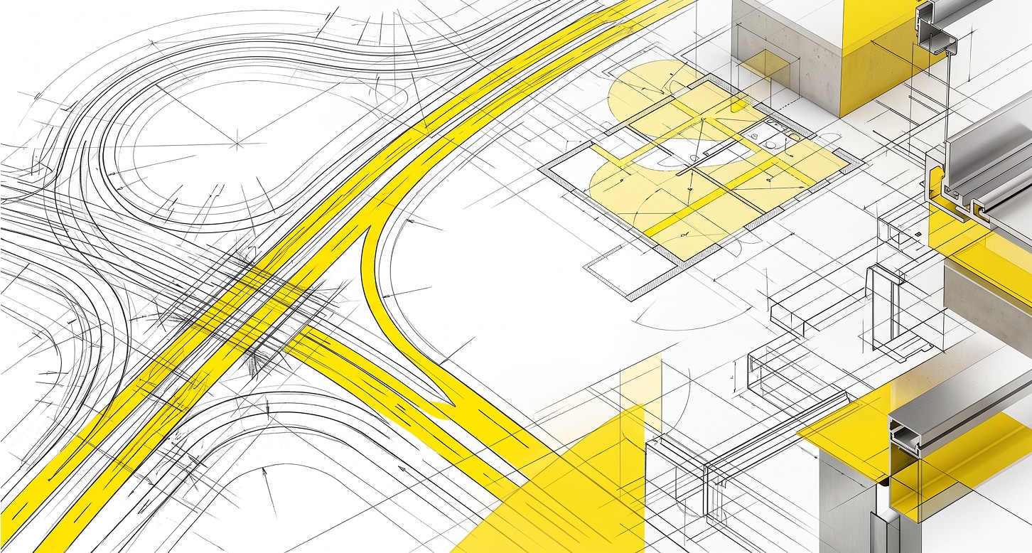 Architekturplan mit schwarzen Linien und gelben Markierungen, der auf weißem Hintergrund Gebäudegrundrisse, geschwungene Straßen und bauliche Elemente zeigt.