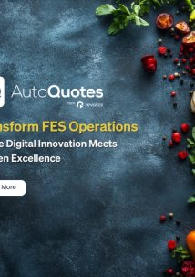AutoQuotes advertisement showcases vibrant vegetables and spices on a dark surface. Text: Transform FES Operations - Where Digital Innovation Meets Kitchen Excellence with seamless SAP ERP integrations. Button: Learn More.