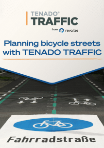 A designated bicycle street with painted bike symbols and the word Fahrradstraße; overlay text promotes TENADO TRAFFIC for planning bicycle streets.