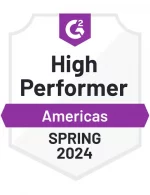 G2 High Performer Americas Spring 2024 badge featuring a purple and white color scheme.