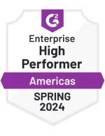 G2 badge labeled Enterprise High Performer Americas Spring 2024 with a purple ribbon.