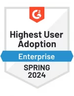 Award badge displaying Highest User Adoption, Enterprise, Spring 2024 with a G2 logo at the top.