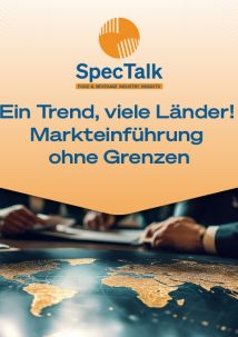 A table with a world map, documents, and people discussing SpecTalk; above, text in German highlights market introduction trends for SpecTalk across various countries.