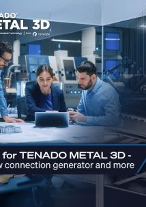 Three people in an office setting work together at a table with a laptop; text promotes new features for TENADO METAL 3D, including a screw connection generator.