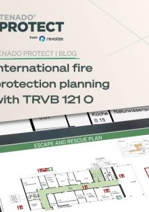 A tablet displays an escape and rescue plan, featuring details from TRVB guidelines. The screen is partly visible under a pamphlet titled International fire protection planning with TRVB 121 O.