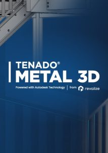 A digital rendering of a metal staircase highlights sheet metal processing, with the text TENADO METAL 3D Powered with Autodesk Technology from Revalize overlaid on a blue gradient background.