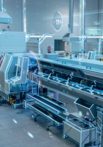 Modern automated industrial machine in a factory setting with digital interface overlays displaying performance data.