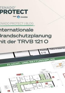 Tablet mit einem deutschen Brandschutz- und Evakuierungsplan, mit Informationen zur internationalen Brandschutzplanung und TRVB-konformen Richtlinien.