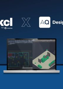 Laptop displaying technical drawings and 3D models, with KCL and AQ Designer logos above, on a blue gradient background.